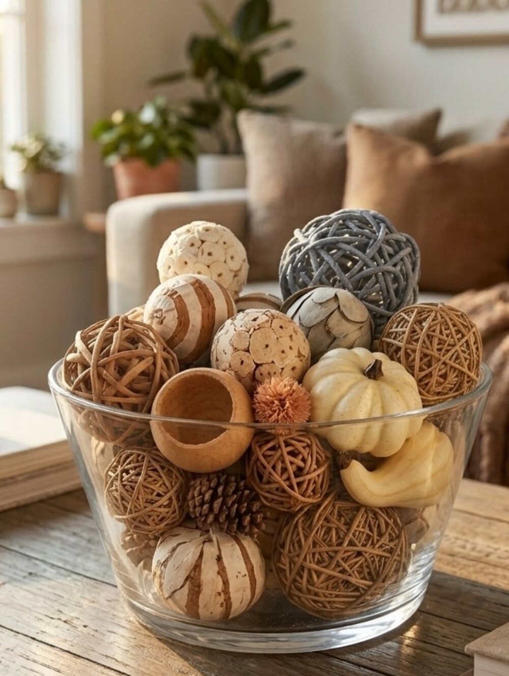 Vintage Decorative Rattan Wicker Balls & Faux Harvest Bowl Filler